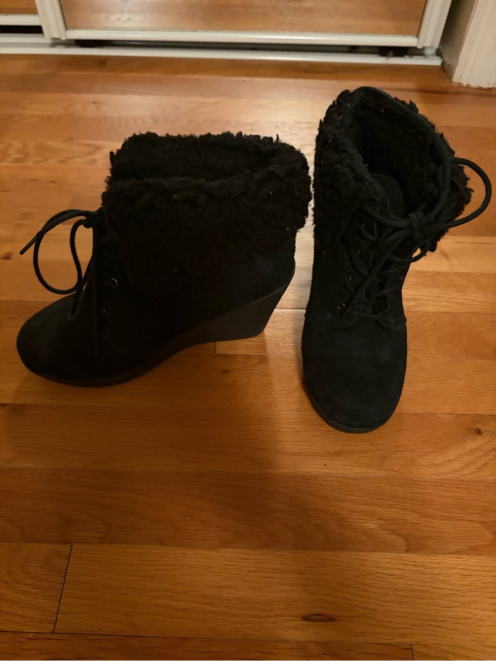 BearPaw Black Faux Fur Lace-Up Women's Ankle Boots